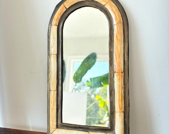 Vintage Moroccan Arched Wall Mirror Camel Bone Inlay Brass Frame 10 Inch Boho