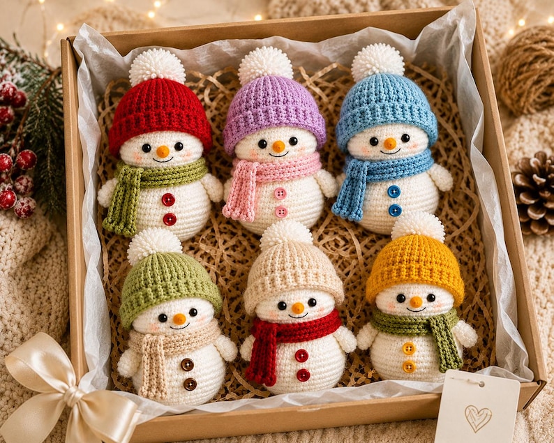 Peut inclure: Six bonhommes de neige au crochet dispos&eacute;s dans une bo&icirc;te en carton. Chaque bonhomme de neige pr&eacute;sente un corps blanc, deux boutons, un petit nez orange et un bonnet en tricot color&eacute; avec un pompon blanc et une &eacute;charpe assortie de diverses couleurs.