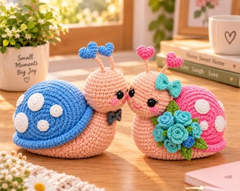 Crochet Snail Pattern PDF, Amigurumi Snail Plushie Duo, Garden Snail Crochet Tutorial with Photos, Intermediate Amigurumi Pattern
