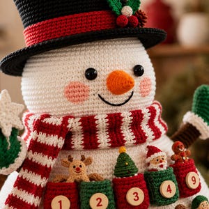 May include: A white crocheted snowman wearing a black top hat with red trim and holly, a red and white striped scarf, and green mittens. It features small crocheted holiday figures in numbered pockets, including a reindeer, tree, Santa, and gingerbread man.