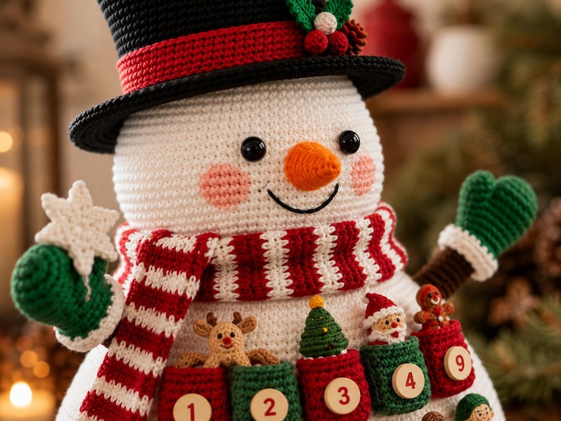 May include: A white crocheted snowman wearing a black top hat with red trim and holly, a red and white striped scarf, and green mittens. It features small crocheted holiday figures in numbered pockets, including a reindeer, tree, Santa, and gingerbread man.