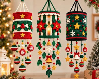 Crochet Christmas Hanging Trio Pattern | Poinsettia Lantern, Bauble, Snowflake (PDF)