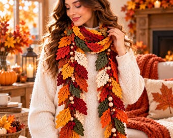 Autumn Leaf Scarf Crochet Pattern PDF, Boho Fall Tutorial Instant Download