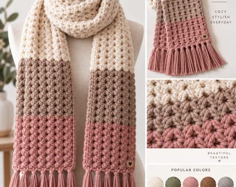 Color Block Chunky Crochet Scarf Pattern, Textured Fringe, Easy Beginner Tutorial (PDF Download)