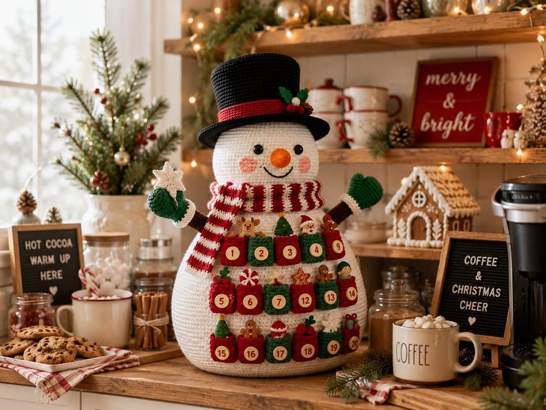 May include: A crocheted snowman advent calendar featuring a black top hat, a red and white striped scarf, and green mittens. The snowman body has twenty small red and green pockets numbered one through twenty, each decorated with tiny holiday ornaments.