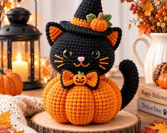 Black Cat Pumpkin Crochet Pattern PDF - Halloween Witch Hat Amigurumi, Instant Download