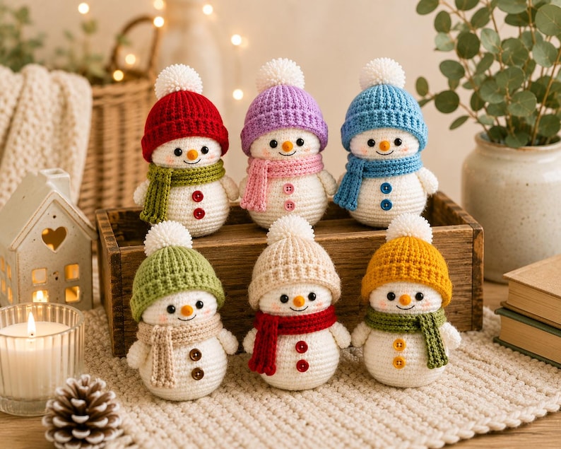 Peut inclure: Six petites figurines de bonhommes de neige au crochet, chacune portant un bonnet en tricot color&eacute; avec un pompon blanc et une &eacute;charpe assortie. Les bonhommes de neige ont un corps blanc, un nez orange, des yeux noirs et deux boutons.