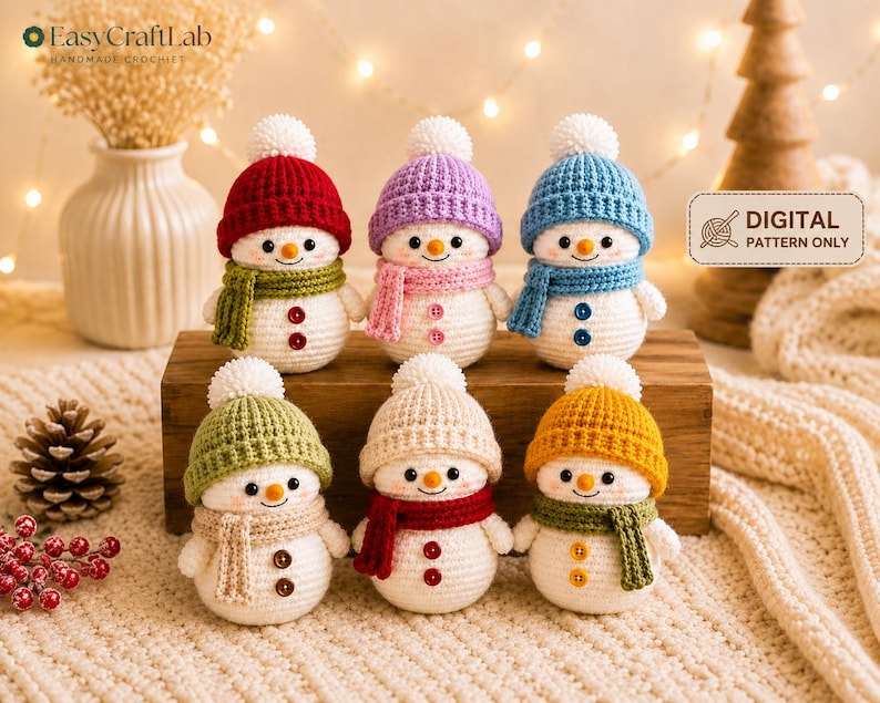 Peut inclure: Six bonhommes de neige au crochet avec des corps blancs, des nez orange et des yeux noirs. Chacun porte un bonnet en tricot color&eacute; avec un pompon blanc et une &eacute;charpe assortie. Les bonhommes ont deux petits boutons. Texte : EasyCraftLab et DIGITAL PATTERN ONLY.