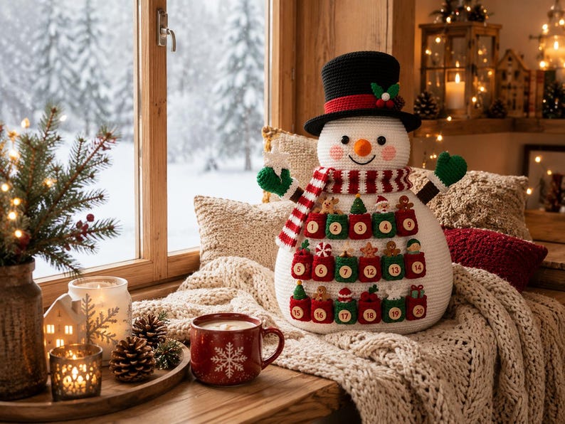 May include: A crocheted snowman advent calendar featuring a black top hat, a red and white striped scarf, and green mittens. The snowman has twenty small red and green pockets numbered one through twenty, each decorated with tiny festive ornaments.