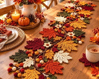 Crochet Autumn Leaf Table Runner Pattern, Maple Leaf Garland PDF, Fall Home Decor