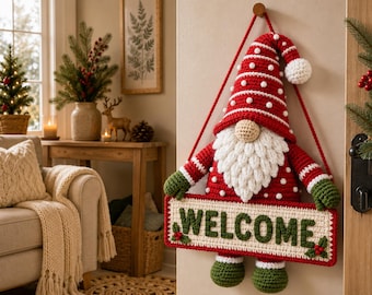 Crochet Gnome Door Hanger Pattern, Christmas Welcome Sign Decor (PDF Download)