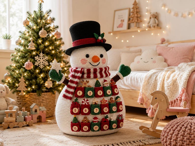 May include: A large, white, crocheted snowman advent calendar featuring a black top hat with a red band, a striped red and white scarf, and green mittens. The snowman has twenty small, numbered pockets in red and green, each containing a tiny ornament.