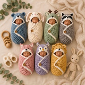 May include: Seven crochet baby swaddles featuring animal hoods including a blue bear, white rabbit, green deer, gray raccoon, pink fox, purple owl, and yellow lion, each secured with a single wooden button, accompanied by a wooden rattle and booties.