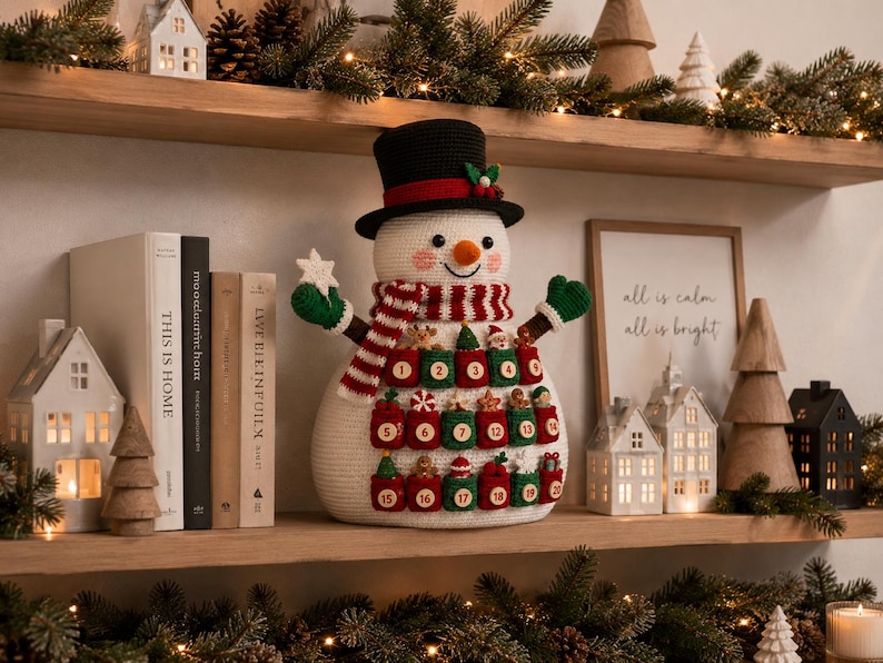 May include: A crocheted snowman advent calendar featuring a black top hat with a red band, a striped scarf, and green mittens. The snowman has twenty-four small numbered pockets in red and green, each decorated with tiny crocheted holiday ornaments.