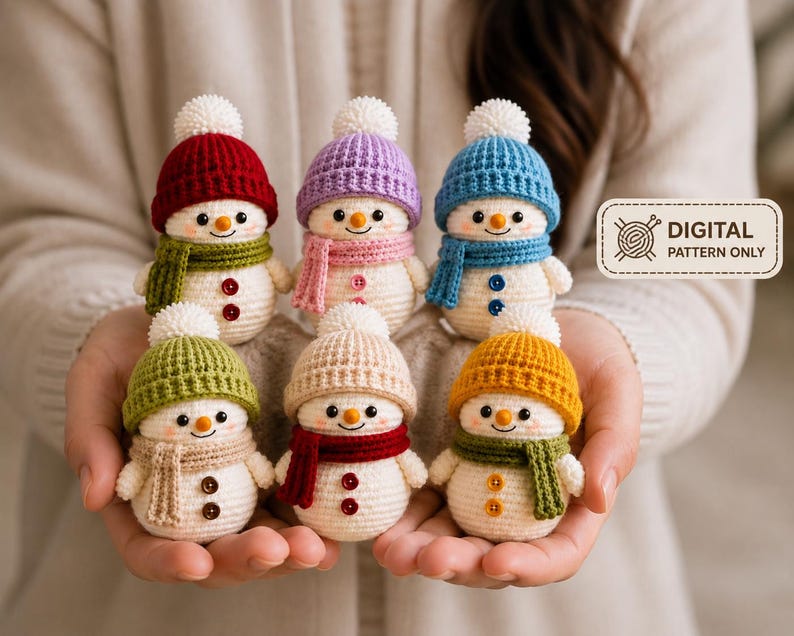 Peut inclure: Six petits bonhommes de neige au crochet avec des corps blancs, des nez orange et des yeux noirs. Chacun porte un bonnet en tricot color&eacute; avec un pompon blanc et une &eacute;charpe assortie. Deux boutons ornent chaque torse. Une &eacute;tiquette indique DIGITAL PATTERN ONLY.