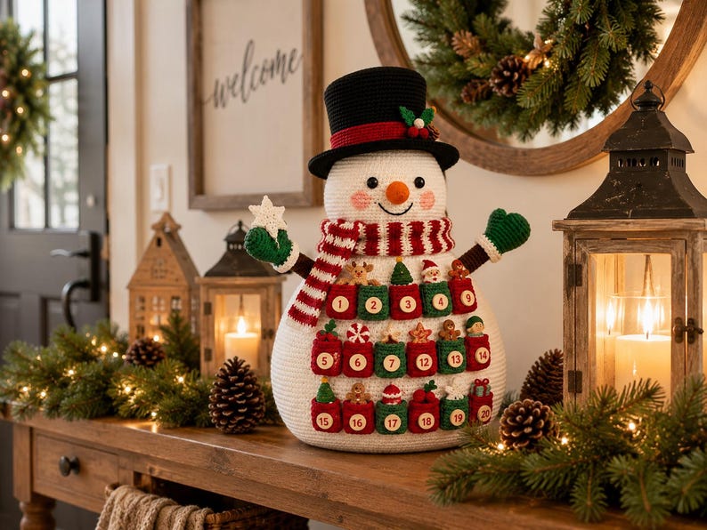 May include: A crocheted snowman advent calendar featuring a black top hat, a red and white striped scarf, and green mittens. The snowman body has twenty small numbered pockets in red and green, each containing a miniature holiday-themed ornament.