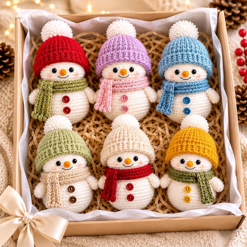 Peut inclure: Un ensemble de six bonhommes de neige au crochet dispos&eacute;s dans une bo&icirc;te cadeau en carton. Chaque bonhomme de neige pr&eacute;sente un corps rond blanc, un bonnet en tricot color&eacute; avec un pompon blanc, une &eacute;charpe assortie, deux boutons et un nez orange.