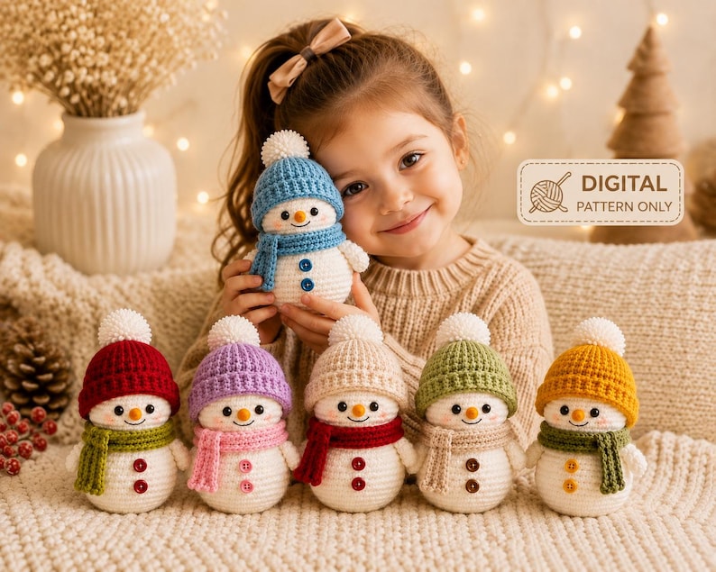 Peut inclure: Une collection de six bonhommes de neige au crochet, chacun portant un bonnet et une &eacute;charpe en tricot de couleurs diff&eacute;rentes avec un pompon blanc. Les bonhommes ont un nez orange et deux boutons. Une &eacute;tiquette indique DIGITAL PATTERN ONLY.
