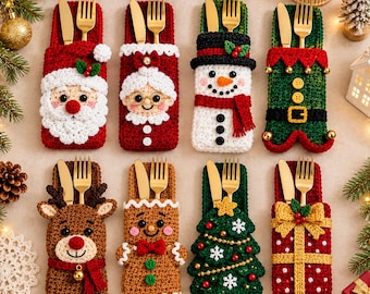 Christmas Crochet Cutlery Holder Pattern, 8 Holiday Designs (PDF)