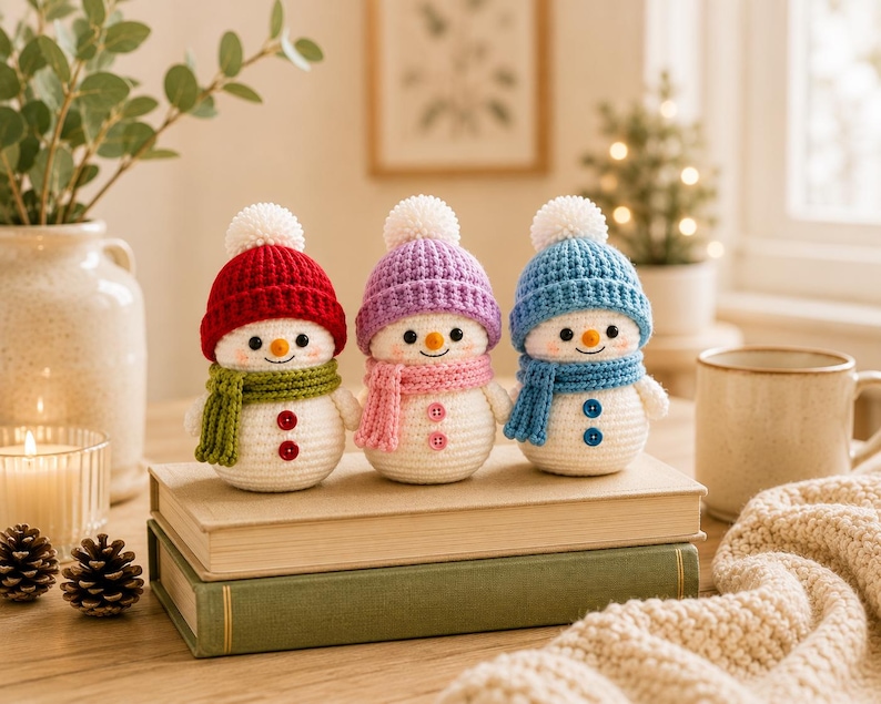Peut inclure: Trois petites figurines de bonhommes de neige au crochet avec des corps blancs, des nez orange et des yeux noirs. Chacun porte un bonnet en tricot de couleur diff&eacute;rente avec un pompon blanc et une &eacute;charpe assortie. Le bonhomme de neige de gauche a un bonnet rouge et une &eacute;charpe verte, celui du milieu un bonnet violet et une &eacute;charpe rose, et celui de droite un bonnet et une &eacute;charpe bleus. Chacun a deux petits boutons sur le devant.