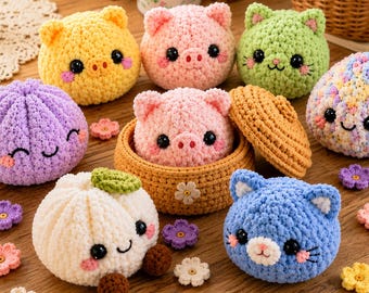 Amigurumi Crochet Pattern PDF | Pig, Cat, Dumpling Set with Basket (Digital Download)