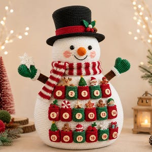 May include: A white crocheted snowman advent calendar featuring a black top hat, a red and white striped scarf, and green mittens. The snowman has twenty small red and green pockets, each numbered one through twenty, containing miniature crocheted holiday figures.