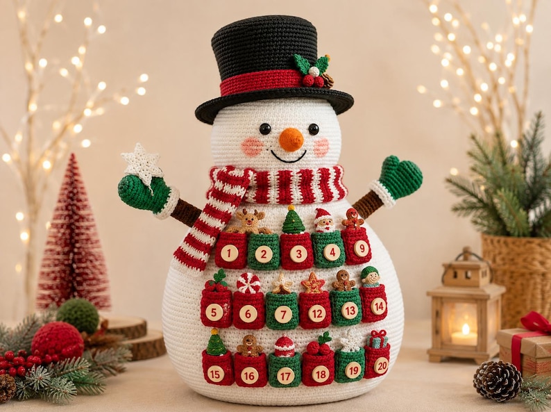 May include: A white crocheted snowman advent calendar featuring a black top hat, a red and white striped scarf, and green mittens. The snowman has twenty small red and green pockets, each numbered one through twenty, containing miniature crocheted holiday figures.