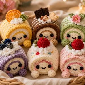 May include: Six crocheted roll cakes with smiling faces, arranged in a basket. The cakes feature various toppings including an orange slice, chocolate squares, a pink flower, blueberries, and red berries, all accented with white crocheted cream.