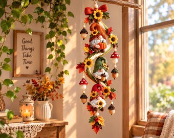 Autumn Gnome Crochet Pattern, Fall Spiral Wall Hanging, Amigurumi Gnome Decor with Sunflowers, Pumpkins and Acorns, PDF Download