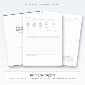 May include: A printable tracking system for migraines and headaches featuring white pages with dark blue text. The sheets include a Migraine Attack Log with head diagrams, intensity scales, trigger checklists, and a monthly calendar view for tracking.