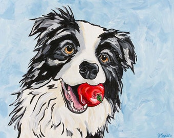 Apple of My Eye 11X14 Open Edition Matted Border Collie Art Print, Border Collie Art, Border Collie Gift, Border Collie Giclee