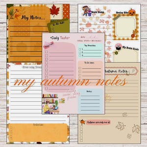 Peut inclure: Une collection de pages de planificateur imprimables avec des motifs sur le thème de l'automne, incluant des citrouilles, des feuilles mortes et des illustrations chaleureuses. Les feuilles comportent des sections My Notes, Daily Tasks et Autumn Notes.