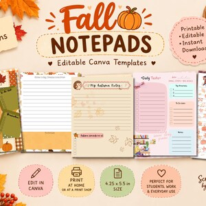 May include: A set of five digital notepad templates featuring autumn-themed designs with pumpkins, leaves, and seasonal colours. The text includes Fall NOTEPADS, 5 Cute Designs, Printable, Editable, Instant Download, Daily Tasks, and My Autumn Notes.