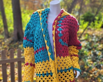 Hexi Cardi Crochet Cardigan with Hood - New England Fall Colors Long Hooded Hexagon Cardigan -- Granny Square Boho Crochet Jacket