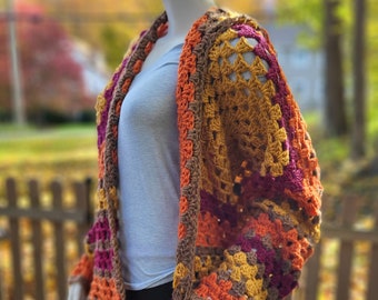 Hexi Cardi Crochet Cardigan with Hood - New England Fall Colors Long Hooded Hexagon Cardigan -- Granny Square Boho Crochet Jacket