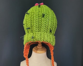 Crochet Cactus Beanie Hat - Silly Hats Succulent Plant Beanie Child Size - Earflap Hat with Tassels - Gifts for Plant Lovers