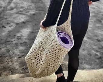 Crochet Beach Bag with Lotus Flower Mandala Design - Extra Large Farmers Market Tote - Yoga Bag Meditation Gifts for Her