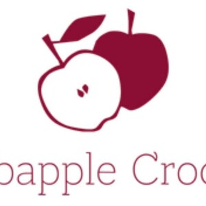 May include: A logo for a business called "Crabapple Crochet" featuring two red apples, one with a leaf and one with a slice cut out.