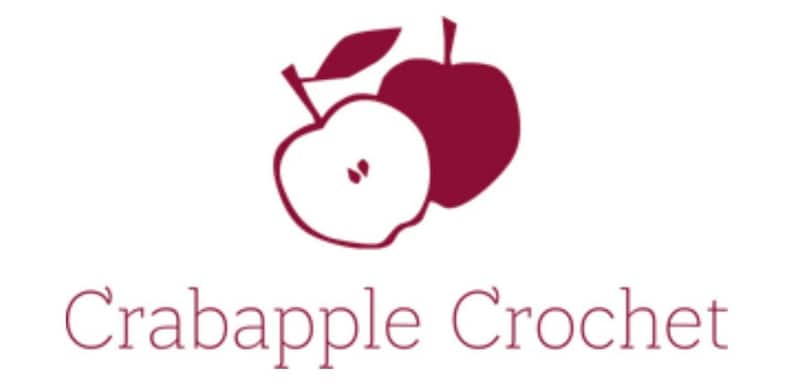 May include: A logo for a business called "Crabapple Crochet" featuring two red apples, one with a leaf and one with a slice cut out.