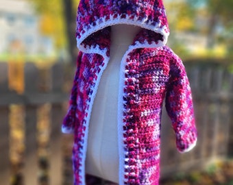 Pink and Purple Crochet Cardigan Size 12 18 months - Berry Color Hooded Crochet Cardigan - Christmas Gifts for Her