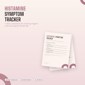 May include: A digital Histamine Symptom Tracker document on a light pink background. The page features the title in dark pink and black text, instructions for use in Goodnotes, and a circular graphic element at the bottom right corner.
