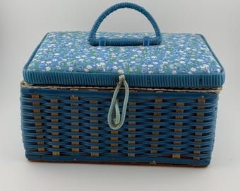 Vintage Blue Floral Sewing Basket, 1970s Wicker Craft Storage, Pincushion Lid
