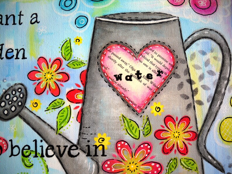 Watering can art mixed media art canvas art painted canvas Etsy