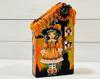 Retro Halloween, village houses, Halloween décor, vintage appeal, wooden block houses, Halloween décor, village houses, witches, black cats