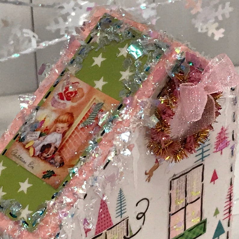 collectables wooden block houses Christmas village houses vintage appeal glitter houses vintage illustrations Christmas decoration