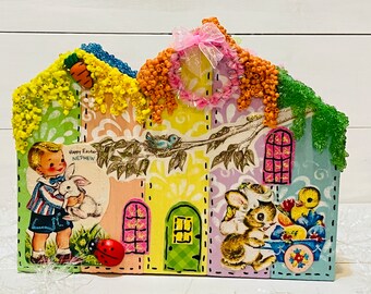 Easter village houses, Tier Tray Easter décor, wooden block houses, Easter decoration, glitter houses, collectables, vintage appeal