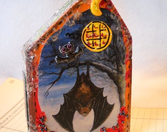 Halloween decoration Putz glitter house wooden block house vintage decoration mixed media art and collectible wooden village haunted house