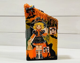 Retro Halloween, village houses, Halloween décor, vintage appeal, wooden block houses, Halloween décor, village houses, witches, black cats