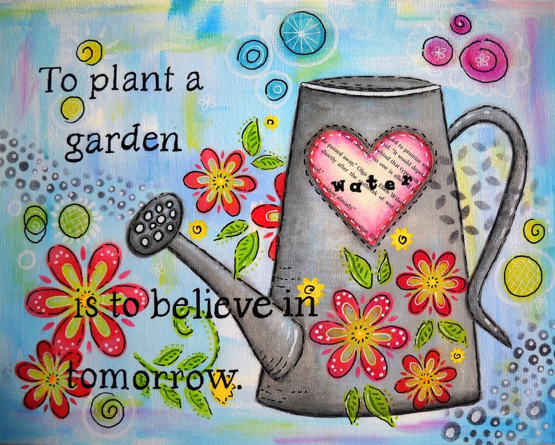 Watering can art mixed media art canvas art painted canvas Etsy