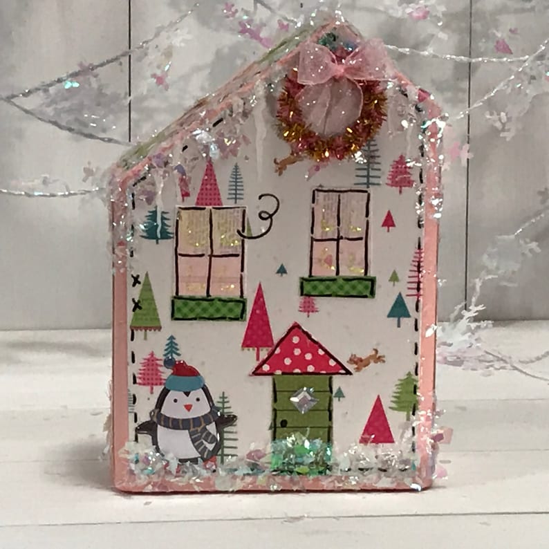 collectables wooden block houses Christmas village houses vintage appeal glitter houses vintage illustrations Christmas decoration
